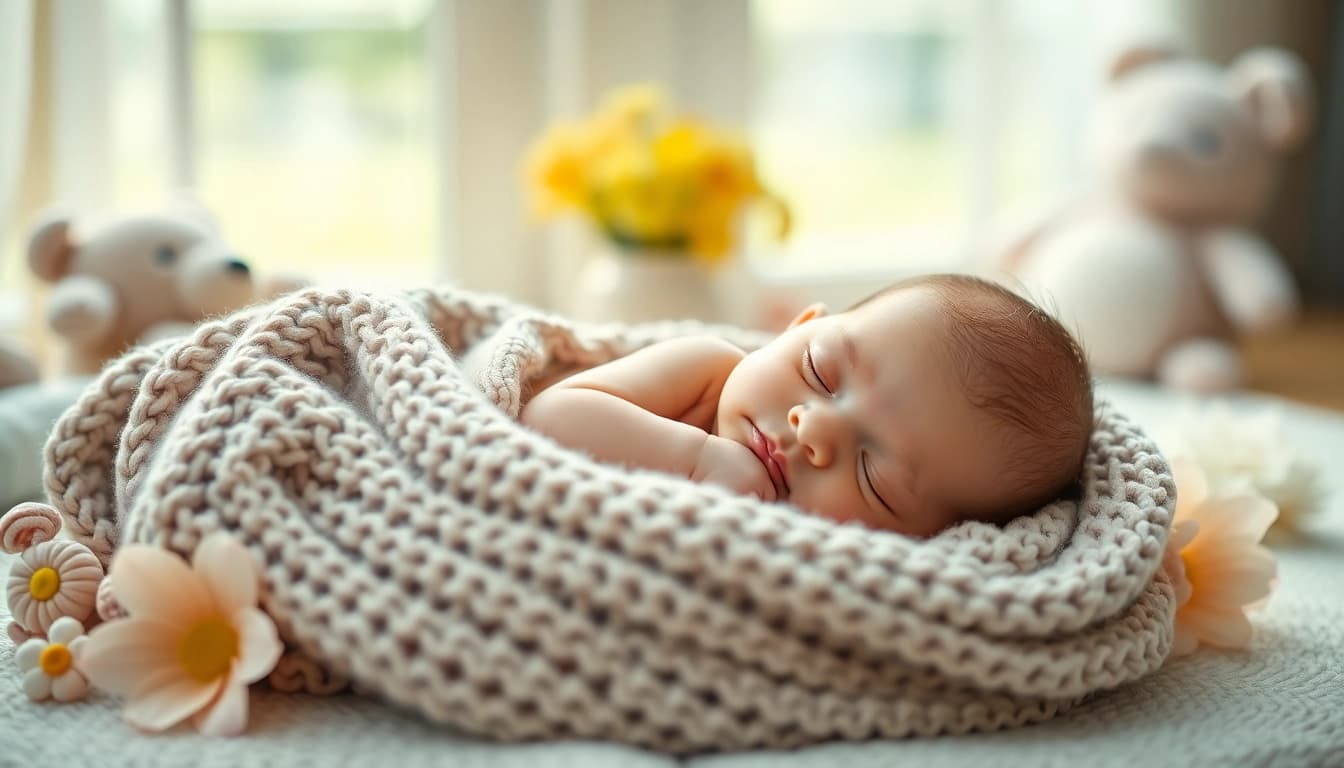 Capture of Babyfotografie session featuring a peaceful newborn surrounded by soft colors and plush props.
