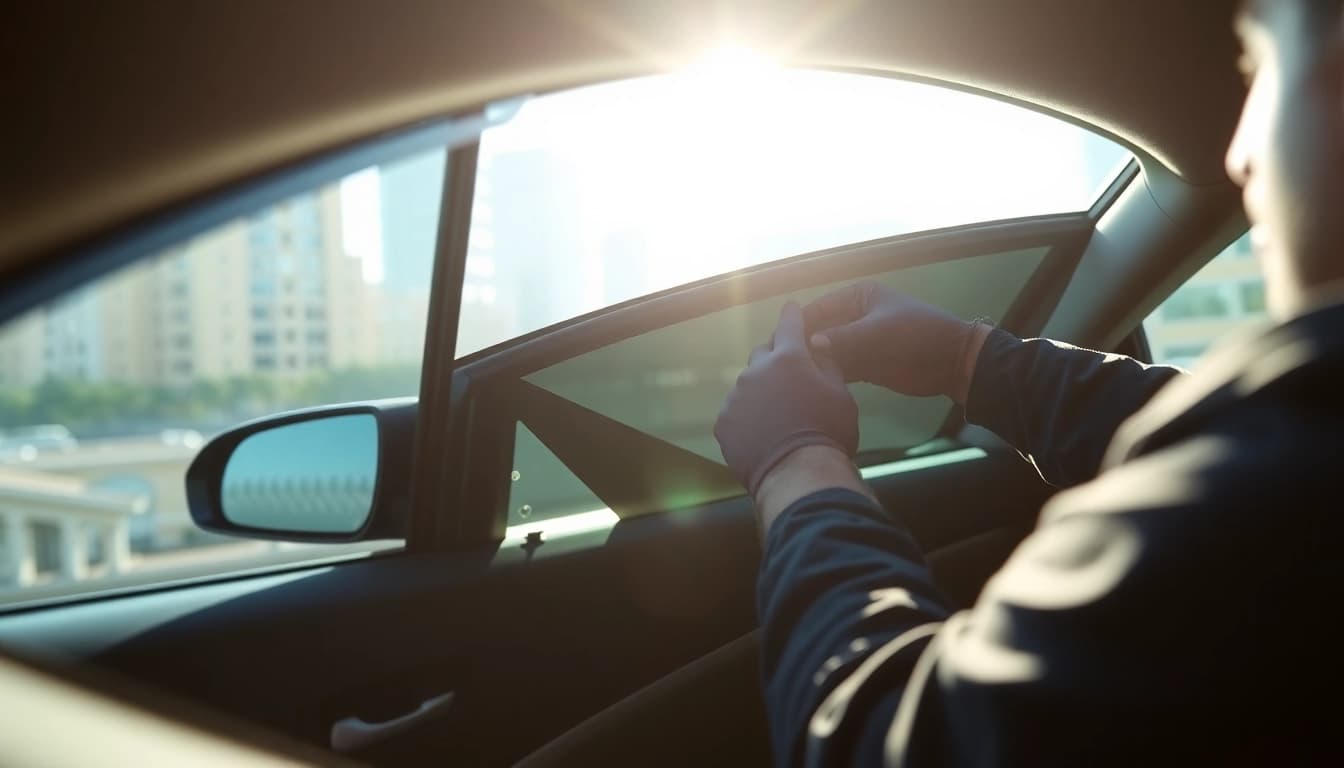 Get high-quality window tint near me, showcasing a technician applying film in a stylish car.