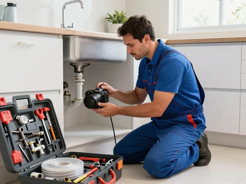 Professional plumber in São Paulo repairing a pipe, showcasing quality plumbing services.