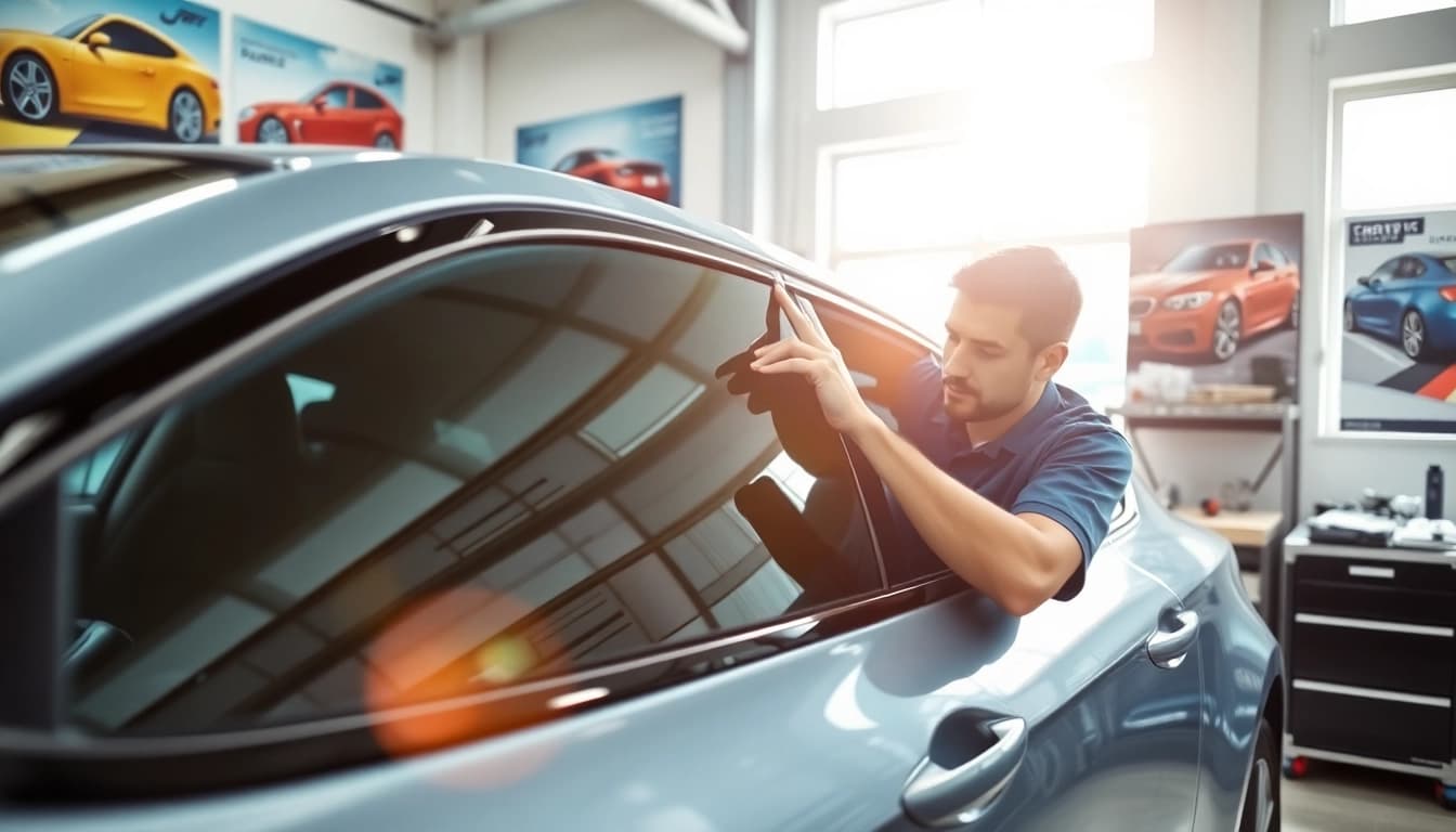 Applying high-quality window tint near me on a sleek vehicle in a bright, modern garage.