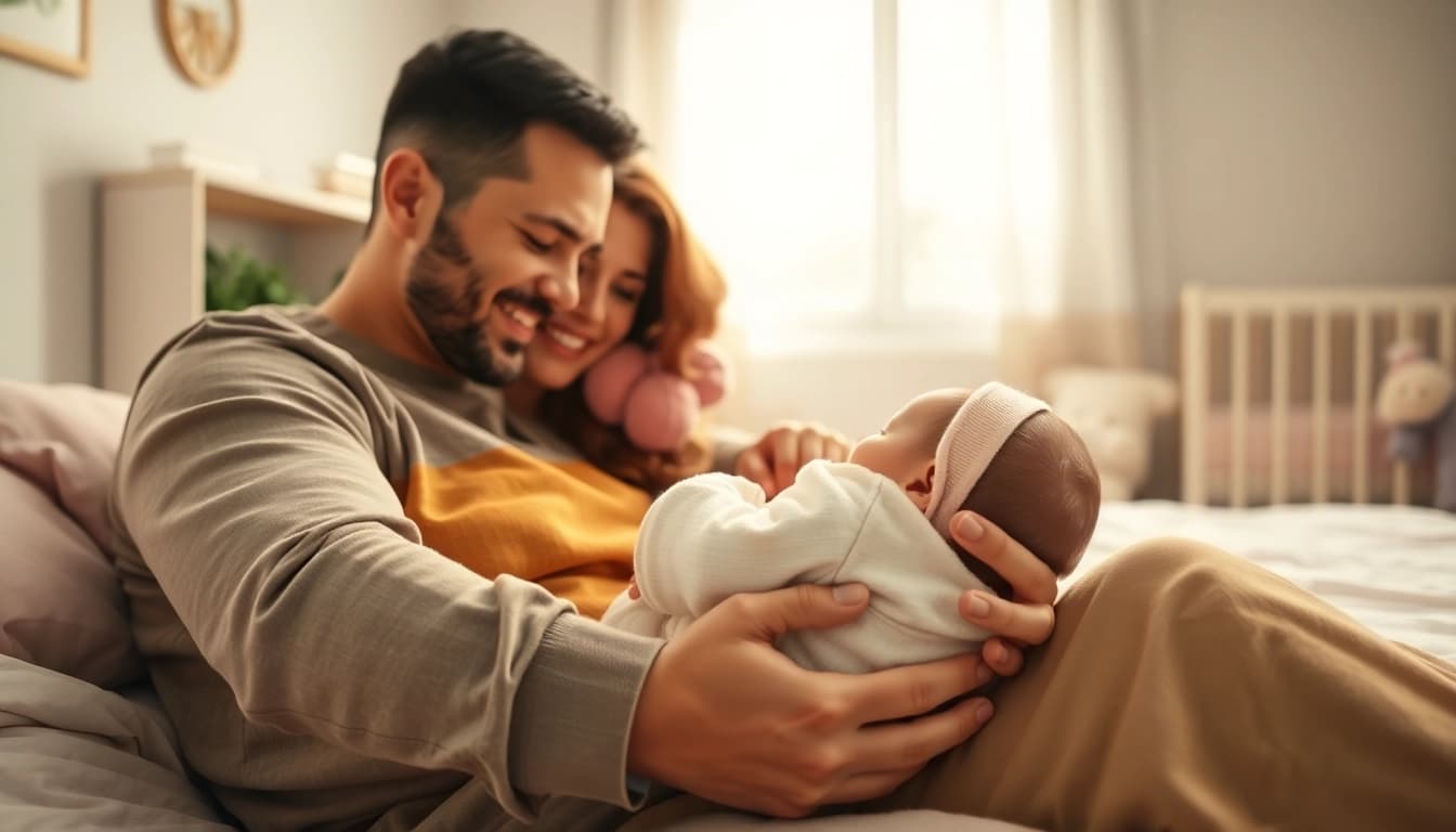 Family with new bornbaby sharing a loving moment at home, with cozy setting and natural light.