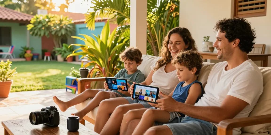 Família desfrutando de serviços de IPTV no jardim com a melhor experiência em bestbraziliptv.