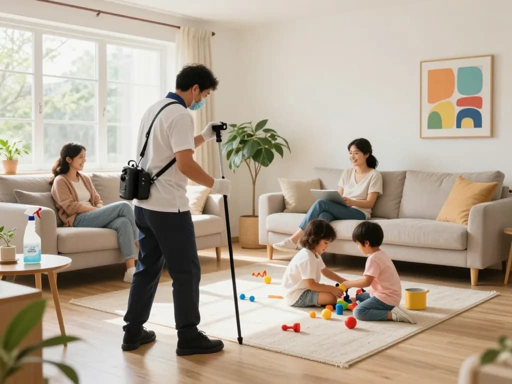 Dedetizadora treatment success in a cheerful home environment with family enjoying peace after pest control.