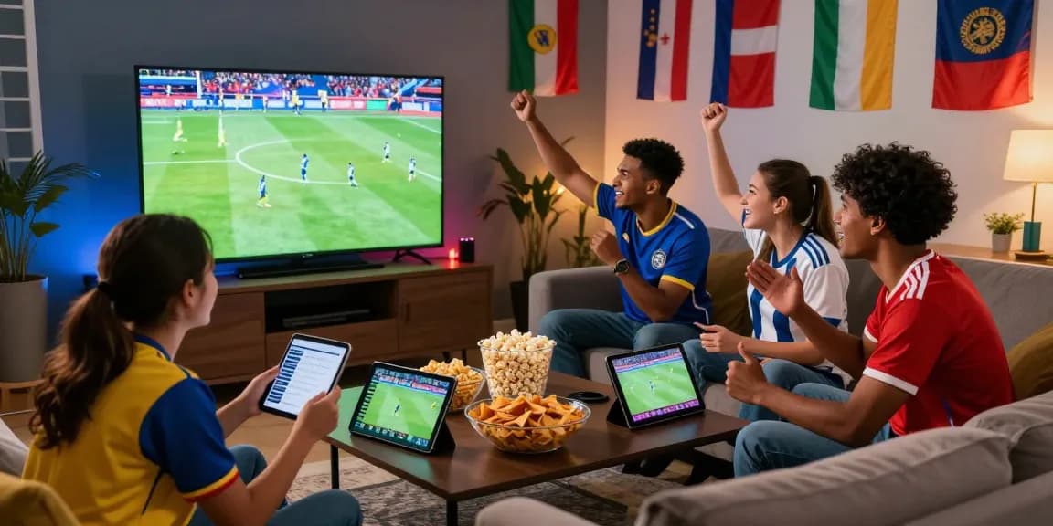 Excited fans nonton bola live in a cozy living room with snacks and live stats displayed.