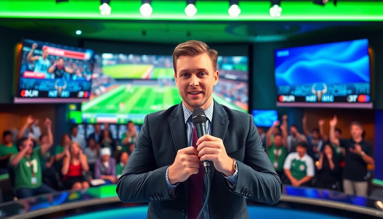 Dynamic scene of Sports Broadcasting with a confident host and vibrant studio graphics.