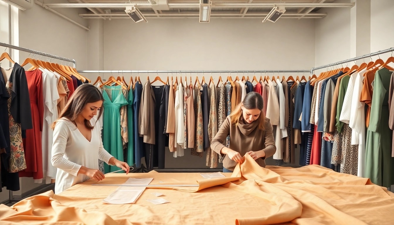 Women’s Clothing Manufacturer showcasing stylish garments in a modern design studio.