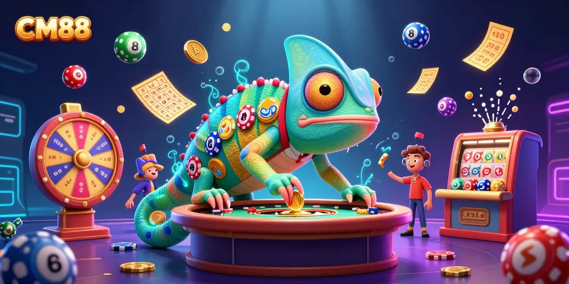 Experience CM88 gaming with vibrant casino visuals featuring playful chameleons and energetic lotto elements.