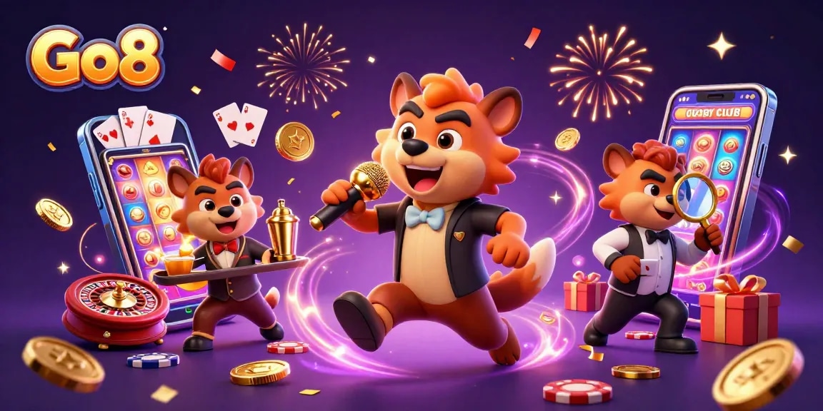 Go8's hyena-themed comedy casino club showcases vibrant gaming elements and festive atmosphere.