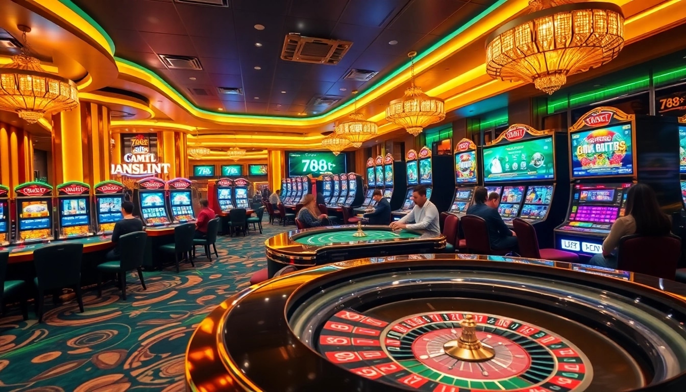 Excited players engaging in lively games at the 788t casino, showcasing vibrant slot machines and elegant tables.