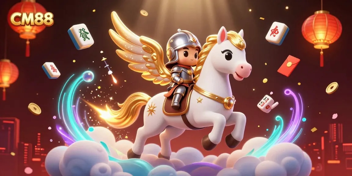 CM88 players enjoy a dynamic casino atmosphere with a celestial horse and starlit knight in an illustrated 3D scene.