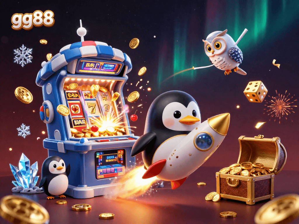 Experience thrilling moments with gg88 as a golden penguin rockets toward a casino in space!