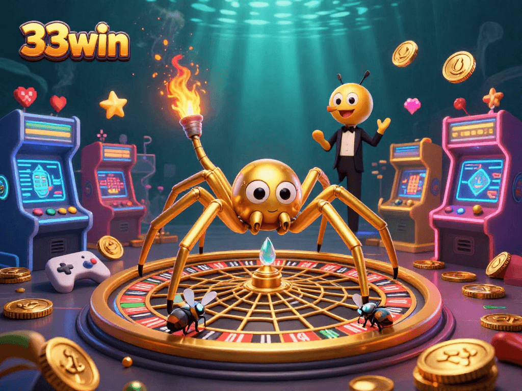 Experience thrilling bets at 33win with a dynamic casino scene featuring a golden spider and colorful games.