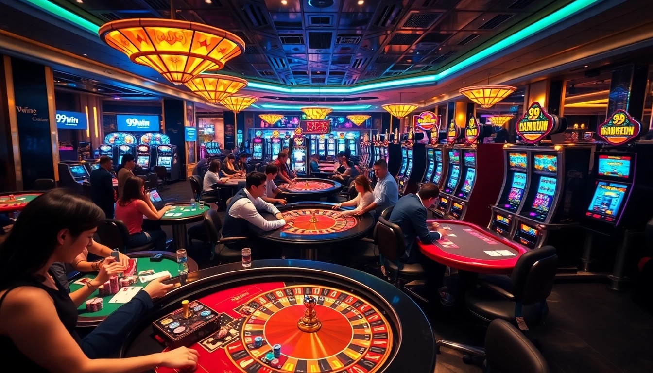 Casino enthusiasts enjoying games at 99win, surrounded by vibrant tables and slot machines.