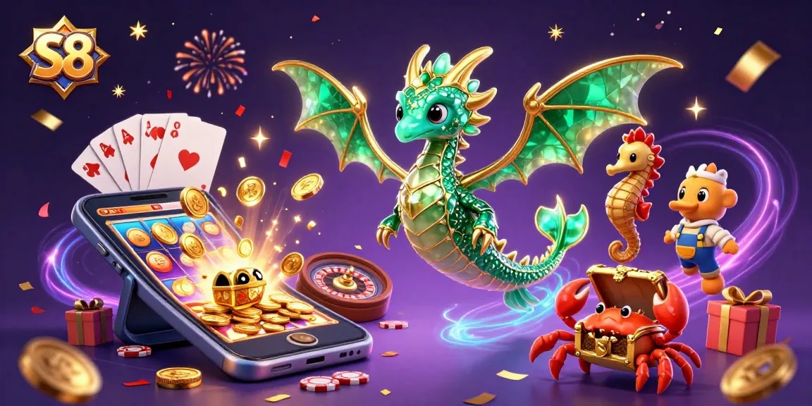 S8 players explore treasures with a 3D sea dragon and vibrant casino elements in an exciting gambling scene.