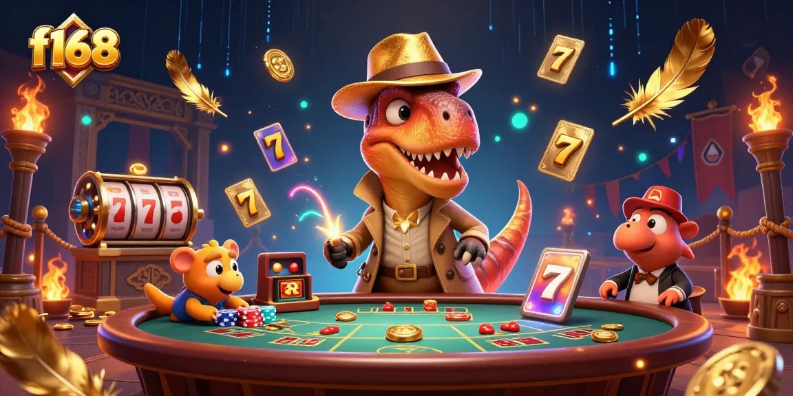 Experience the thrill of f168 where a velociraptor tries to ace blackjack while a stegosaurus oversees it.