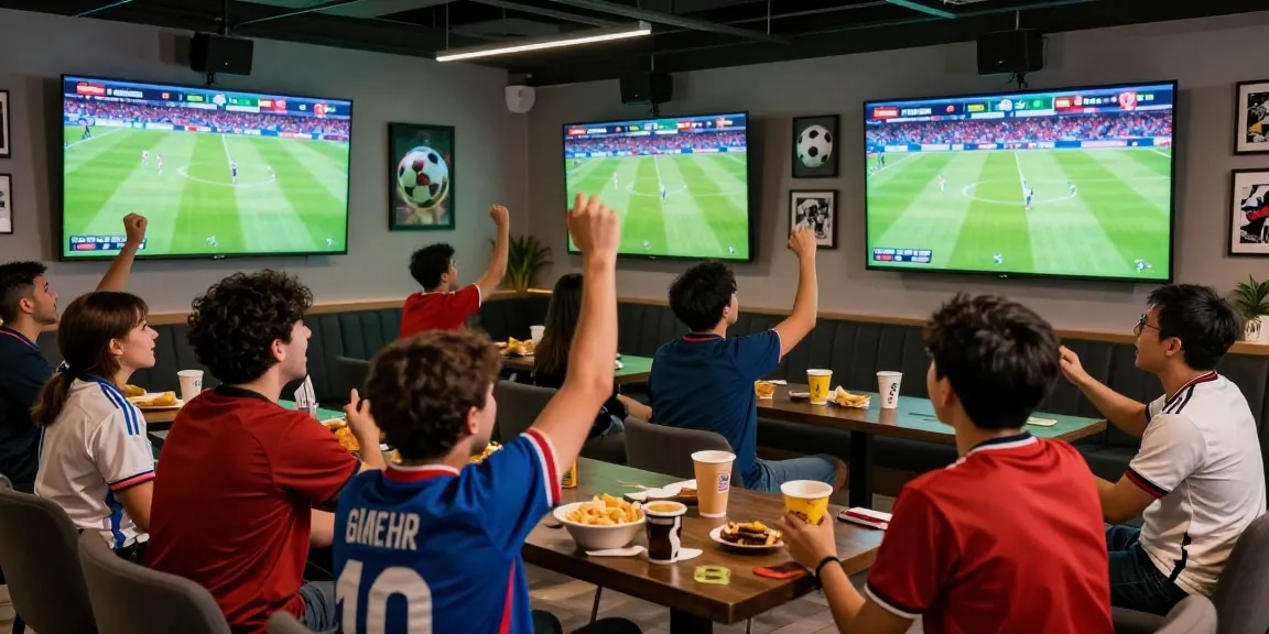 Fans enjoying live football streaming with multicanais in a vibrant lounge atmosphere.