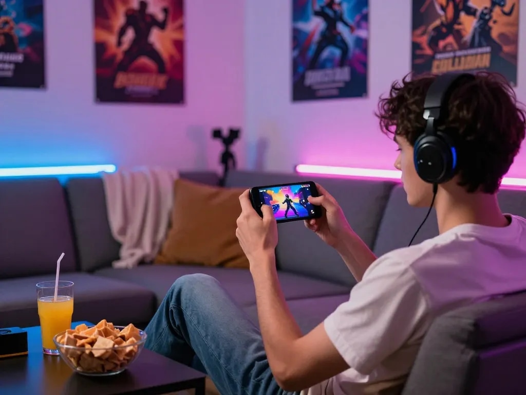 Engaged player enjoying a mobile porn game, vibrant gaming environment with snacks and colorful lighting.