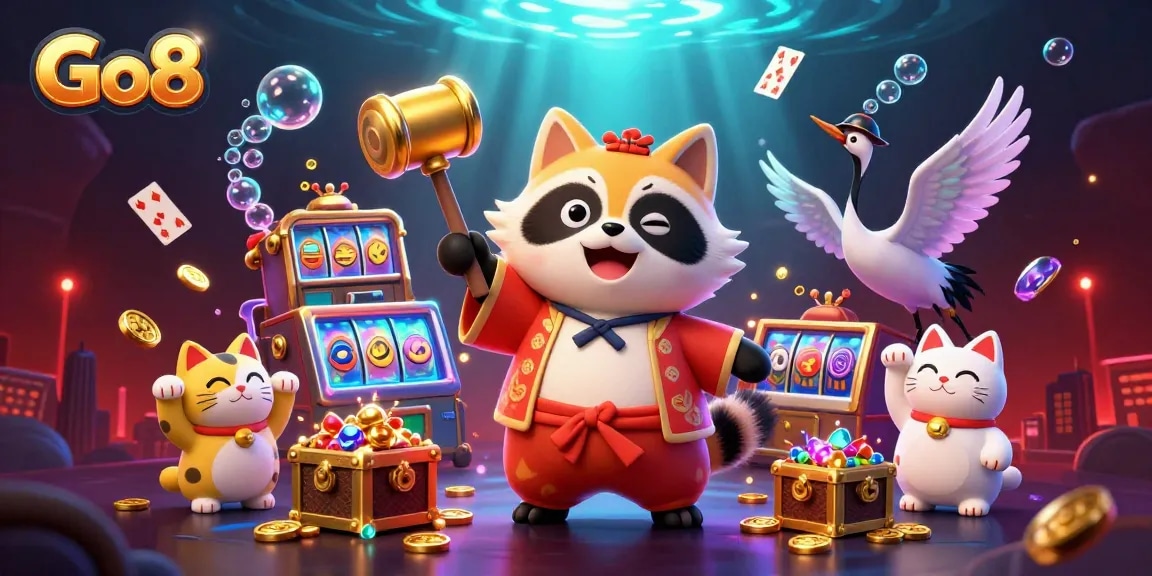 Engage with Go8's thrilling slots and lively characters in a vibrant casino scene.