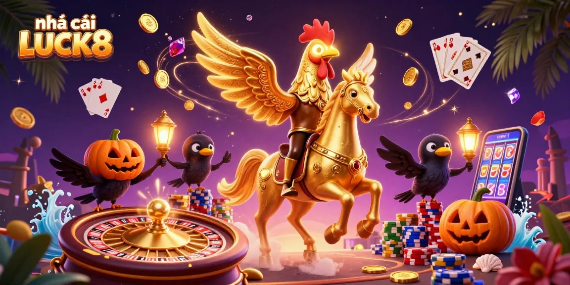 Engage with nhà cái LUCK8's vibrant casino scene, featuring golden rooster action and spinning roulette.