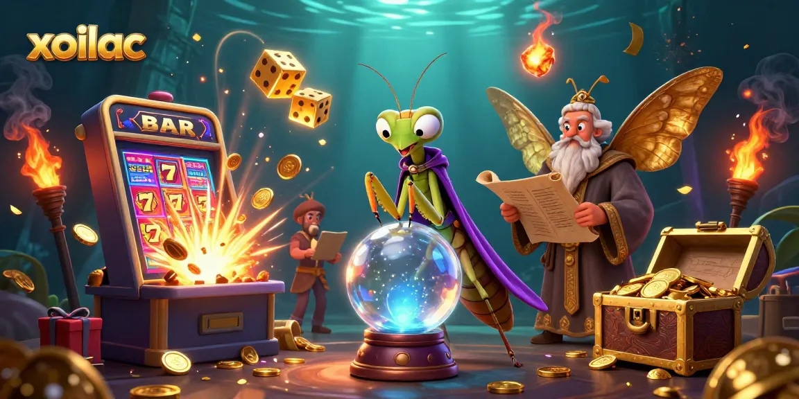 Xoilac provides an energetic view of a gambling scene, featuring vibrant slot machine action and mystical characters.