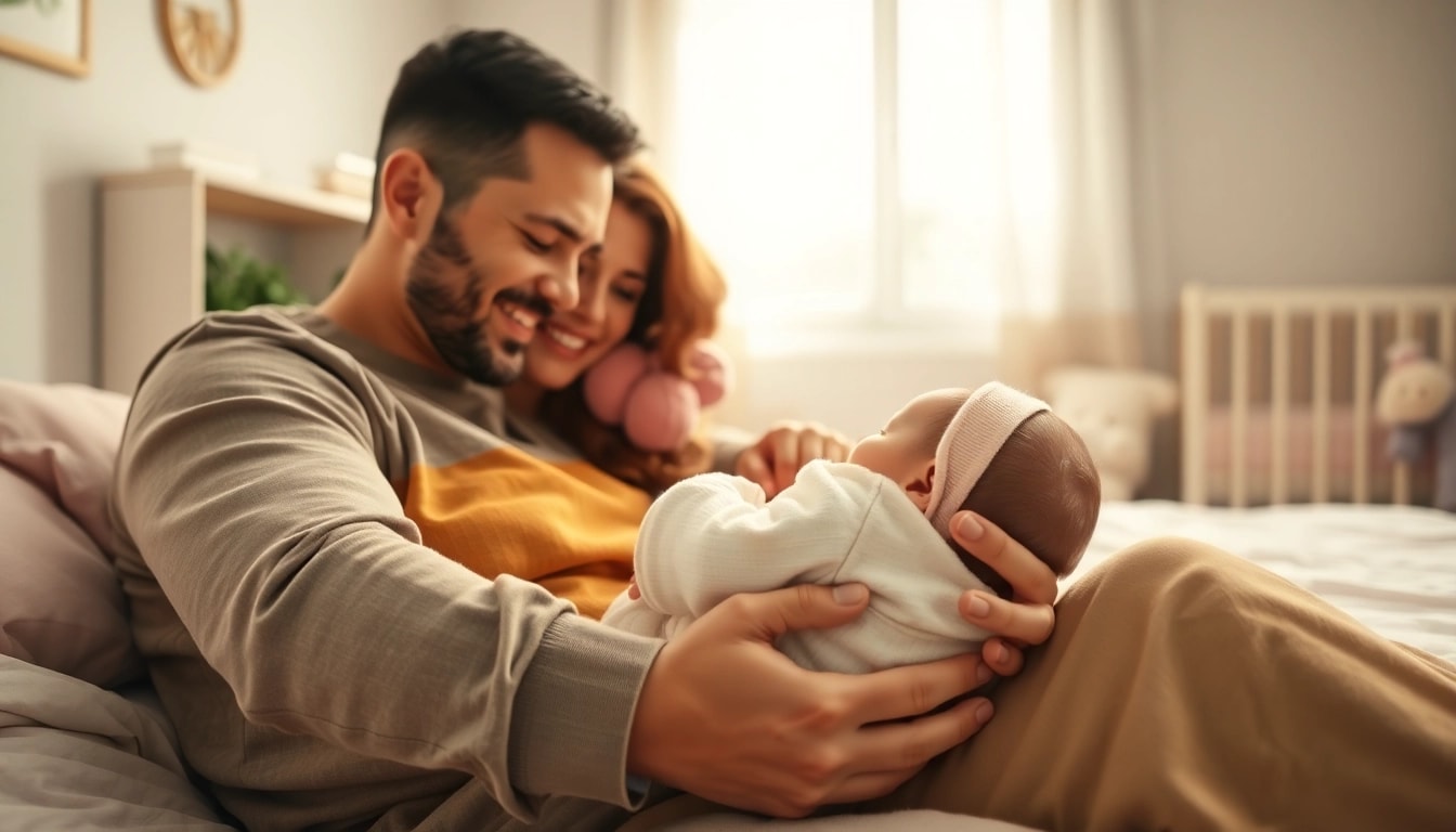 Family with new bornbaby sharing a loving moment at home, with cozy setting and natural light.