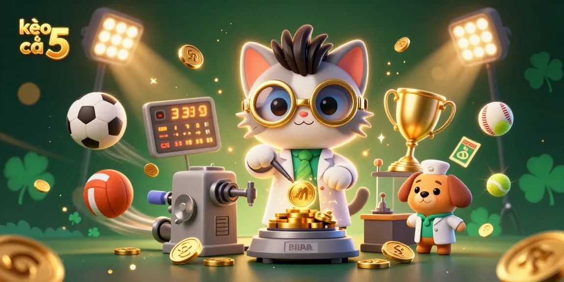Engage with kèo nhà cái 5 by betting on dynamic sports action illustrated with cartoon characters.