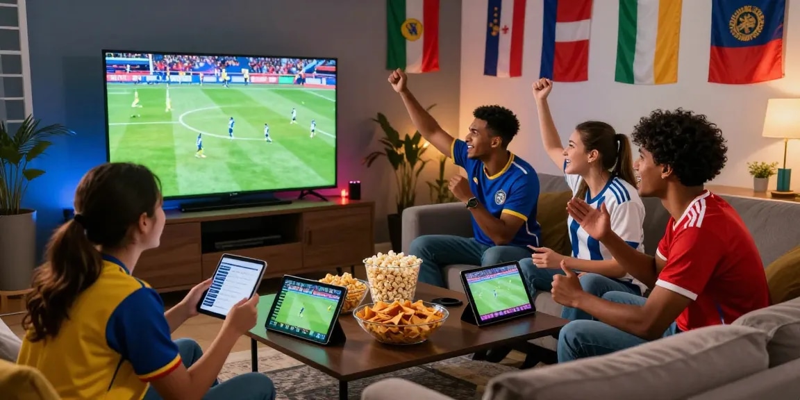 Excited fans nonton bola live in a cozy living room with snacks and live stats displayed.
