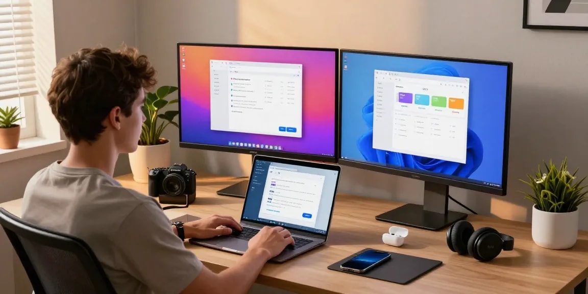 Download WPS Office on a sleek MacBook in a modern workspace with vibrant monitors.
