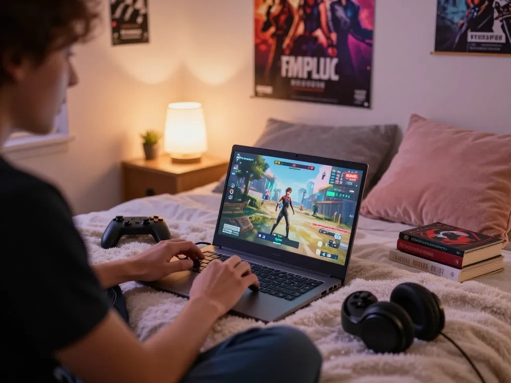 Player engaged in an adult game on a cozy bed, showcasing vibrant graphics and gaming accessories.