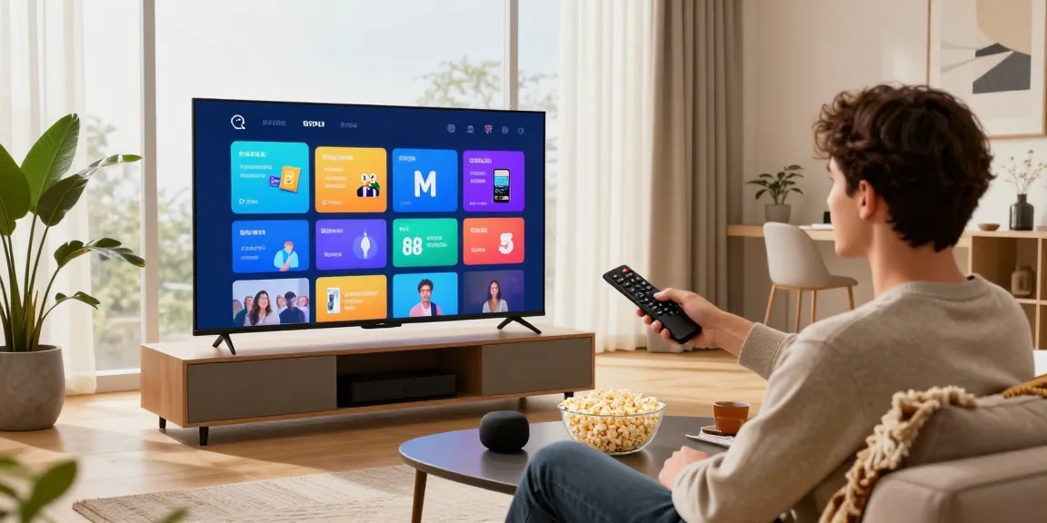 Exibição de IPTV em casa com tela grande e ambiente aconchegante.