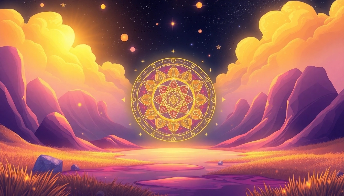 Explore a captivating destiny matrix diagram in a mystical landscape, symbolizing life's purpose.