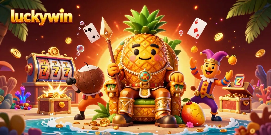 A 3D illustration showcasing luckywin's vibrant golden pineapple king at a beach casino, surrounded by slot elements and treasures.