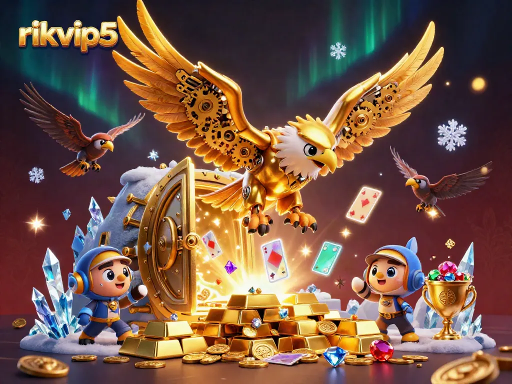 Experience the thrill of rikvip5 with a dynamic 3D illustration of a golden eagle amidst captivating casino elements.