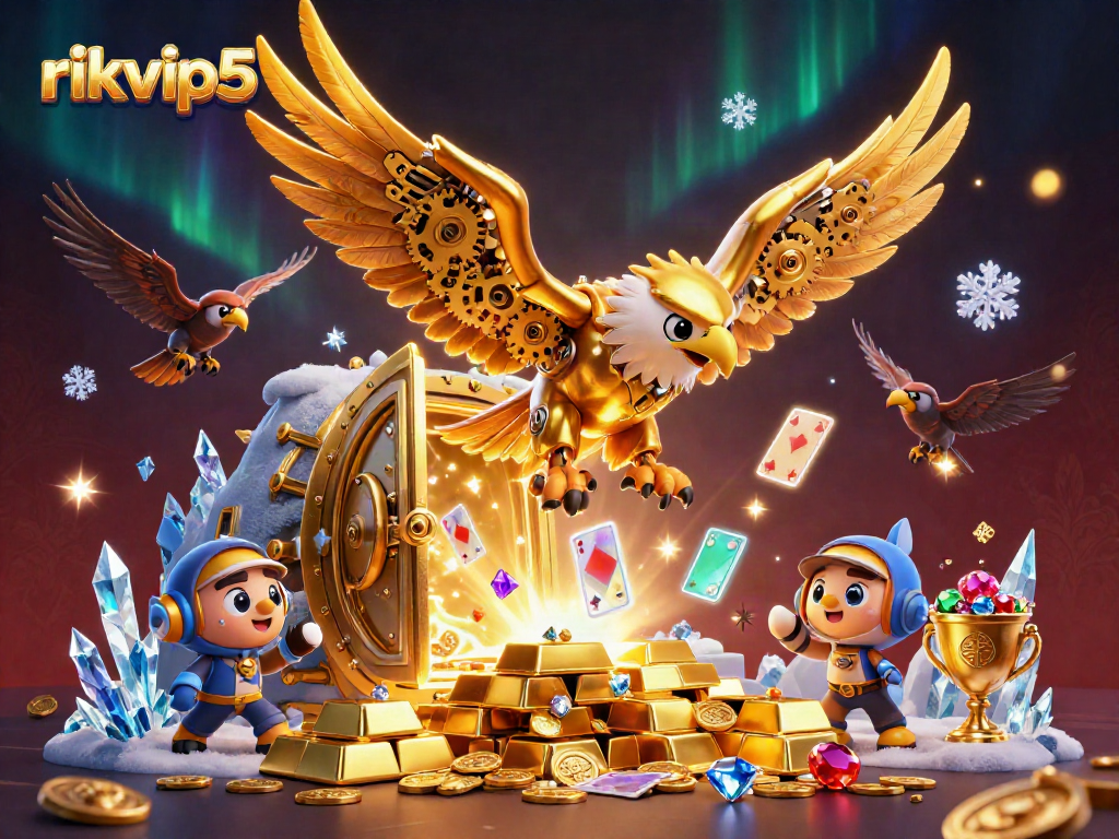 Experience the thrill of rikvip5 with a dynamic 3D illustration of a golden eagle amidst captivating casino elements.