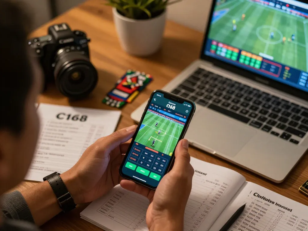C168 sports betting setup showing a smartphone app with live betting action, strategic notes, and gaming atmosphere.