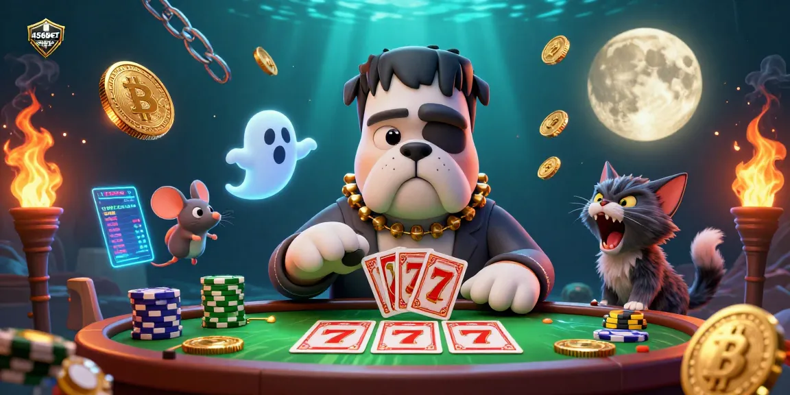 Play slots at 456BET with a 3D cartoon Frankenstein bulldog dealer in a festive casino scene.