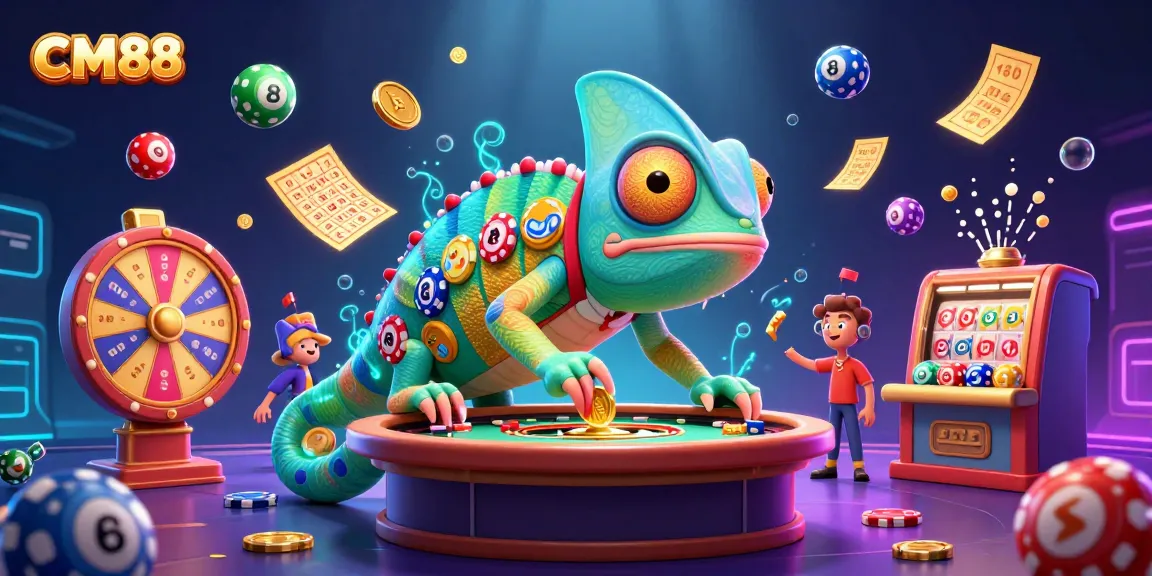 Experience CM88 gaming with vibrant casino visuals featuring playful chameleons and energetic lotto elements.