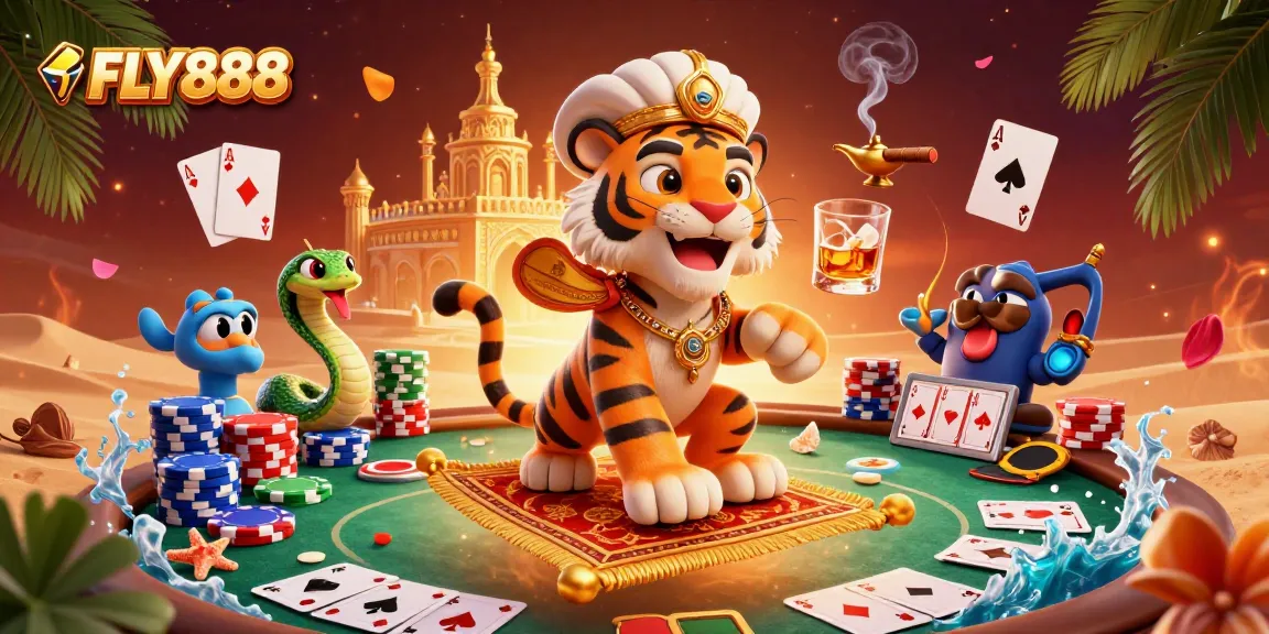 FLY888 showcases an Arabian Nights-themed scene with casino elements, immersive gambling adventure.