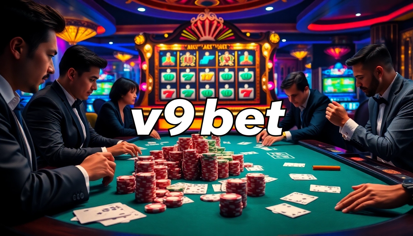 Experience v9bet đang nhập with exciting poker gameplay surrounded by vibrant slot machines.