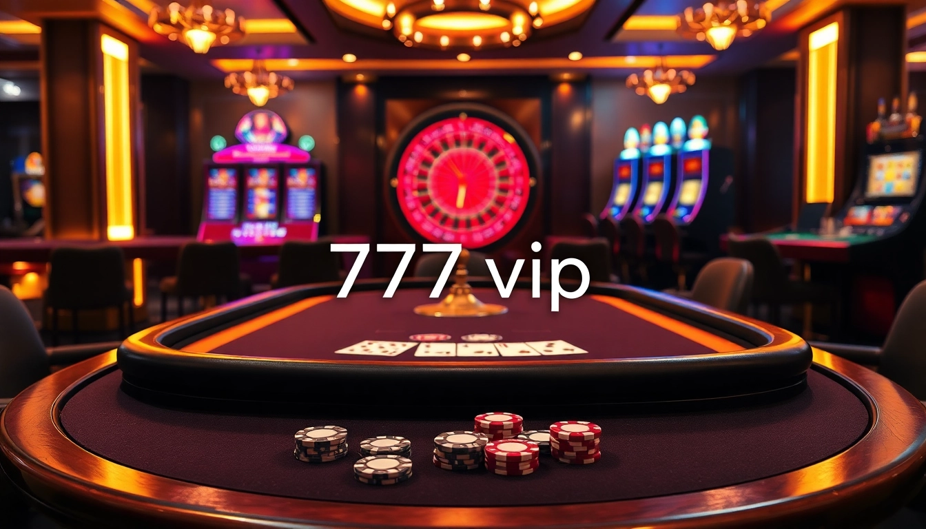 Experience the thrill of 777vip gaming at a luxurious casino table surrounded by vibrant slot machines.