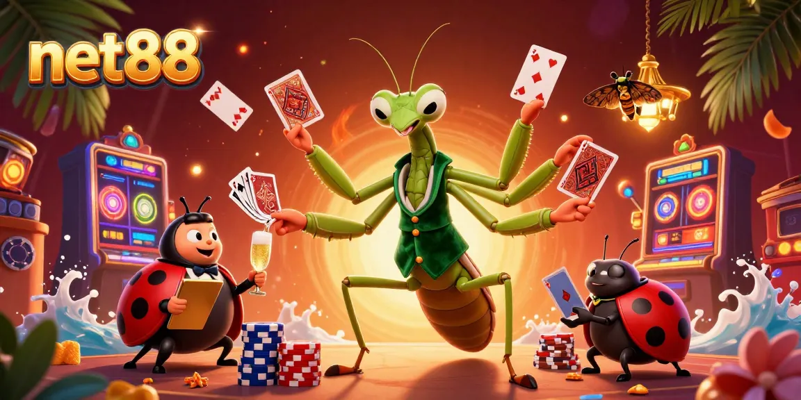 Engage in thrilling casino games with net88 through lively animated characters in a vibrant scene.