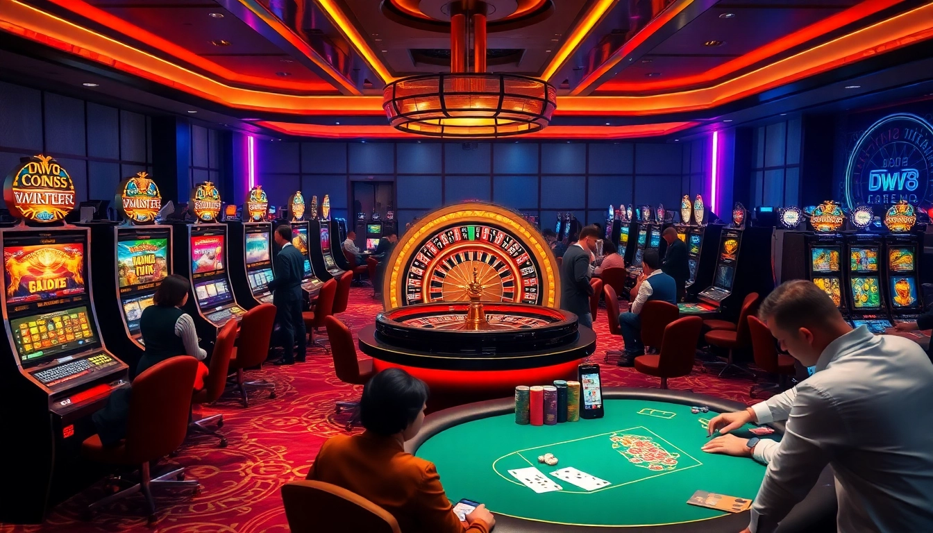 Players enjoying the exciting DW8 slot machines and table games in a luxurious casino setting.