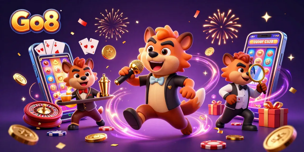 Go8's hyena-themed comedy casino club showcases vibrant gaming elements and festive atmosphere.