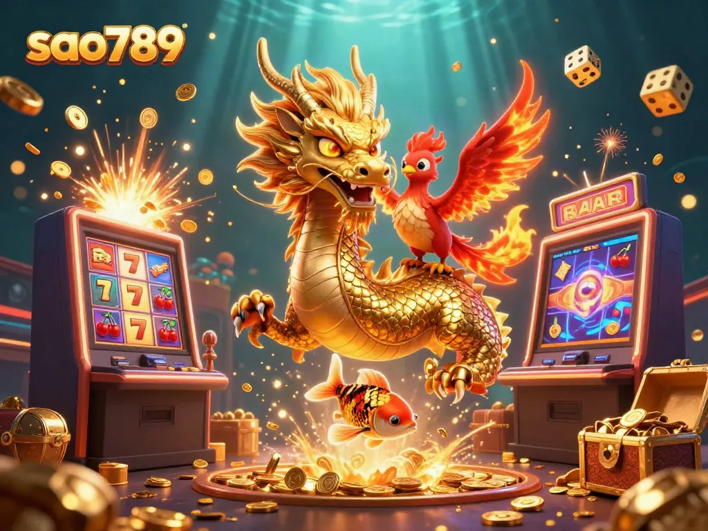 Experience thrilling wins with sao789's vibrant casino illustration featuring iconic symbols and characters.