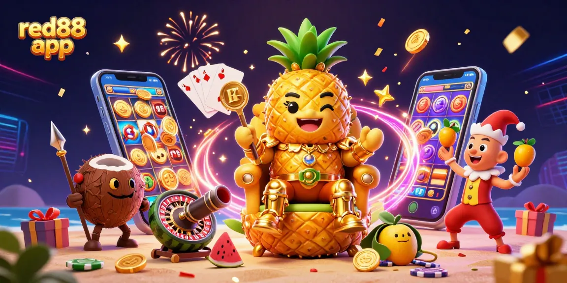 Engage with the exciting red88 app at a vibrant beach casino featuring animated characters.