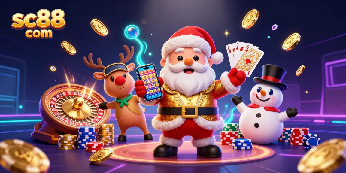 Experience thrilling jackpots with SC88 com in this vibrant 3D casino scene featuring Santa and friends.