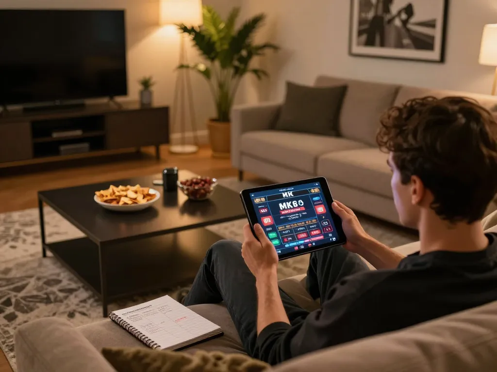 Engaging in MK8 online gambling experience on a tablet in a cozy living room