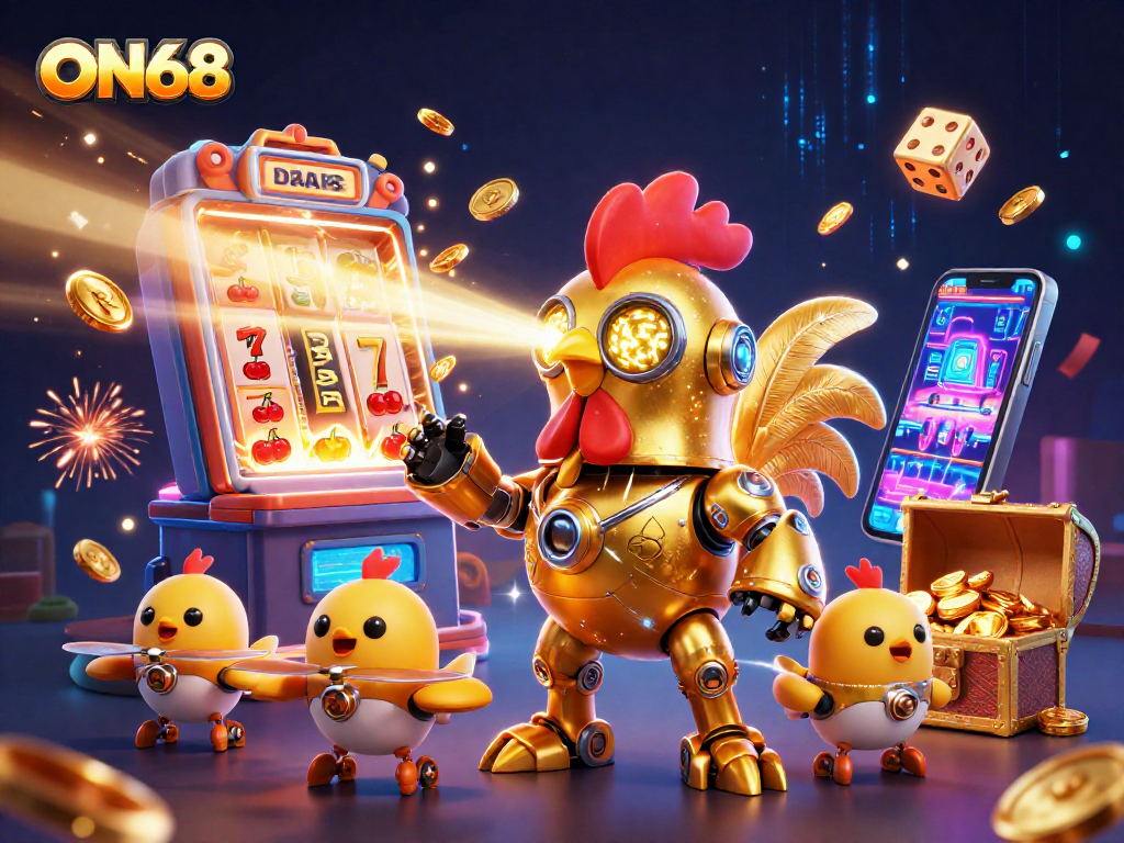 Experience exciting gameplay at ON68 with dynamic golden characters and a vibrant casino atmosphere.