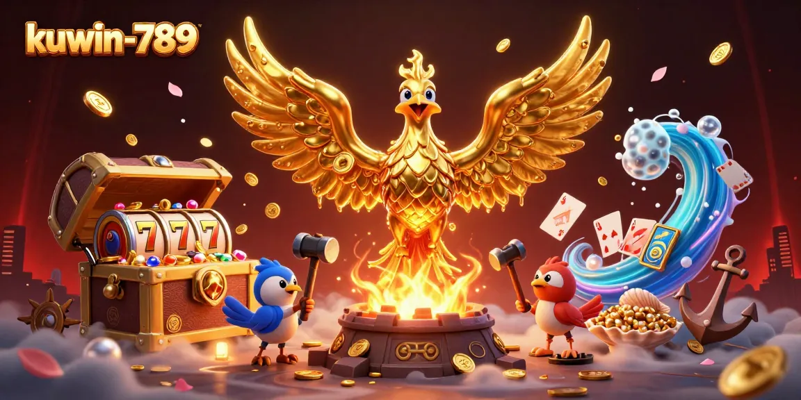 Win big at kuwin-789 with immersive casino elements and golden treasures bursting in the illustration.