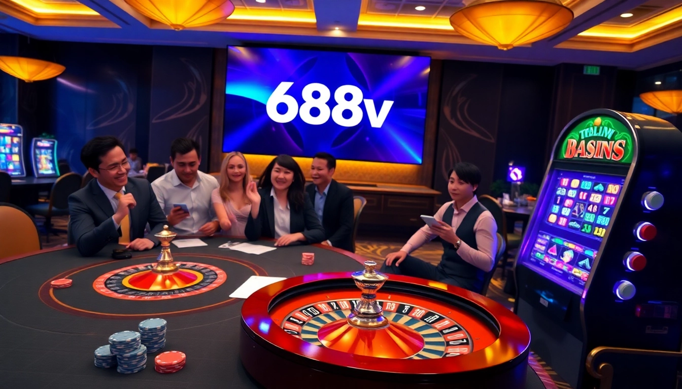 Experience the thrill of 688v with colorful gaming tables and slot machines in a luxurious casino atmosphere.